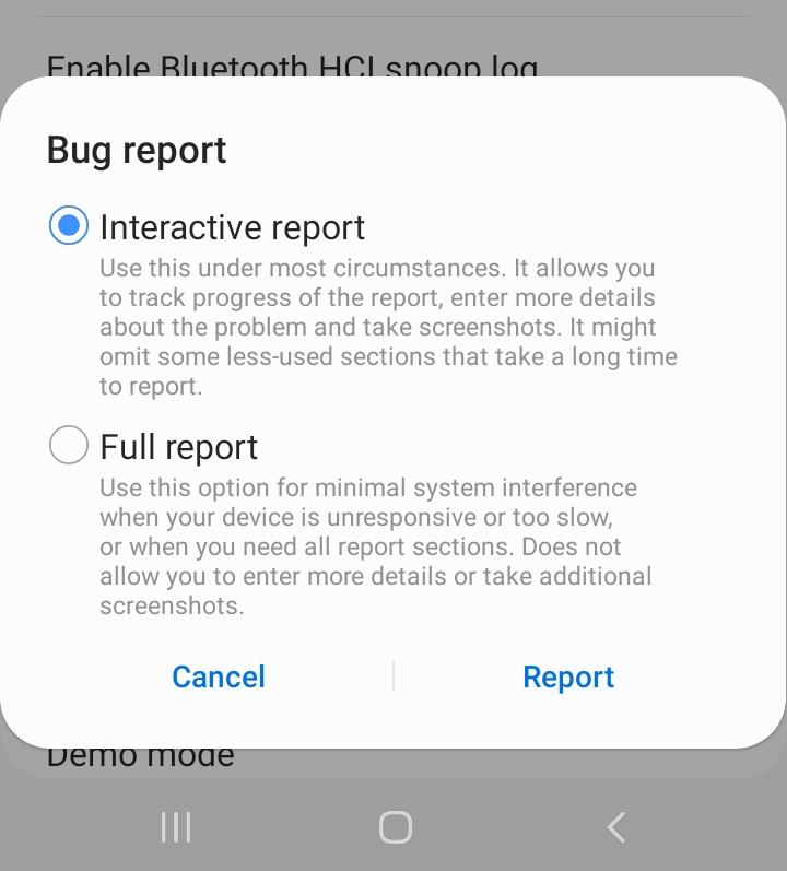 Screenshot of bug report options